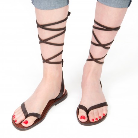 Handmade flat strappy sandals in dark brown calf leather | The leather ...