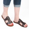 Women's leather slide sandals in dark brown leather handmade