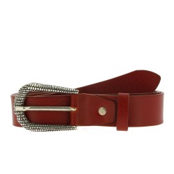 Brown leather belt with metal scaled buckle