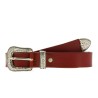 Brown leather belt with engraved metal buckle and tip