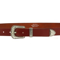 Brown leather belt with engraved metal buckle and tip