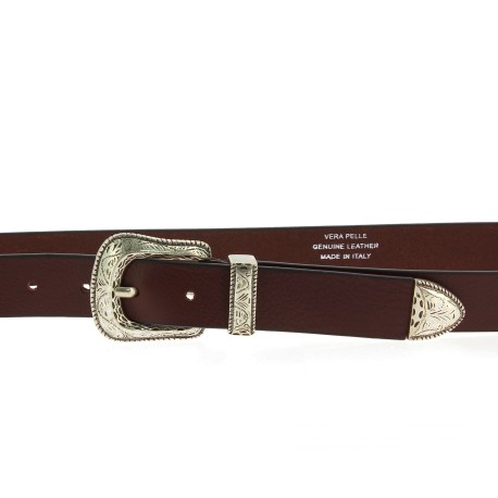 Dark brown leather belt with engraved metal buckle and tip