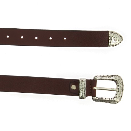 Dark brown leather belt with engraved metal buckle and tip | The ...