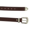 Dark brown leather belt with engraved metal buckle and tip