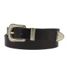 Black leather belt with engraved metal buckle and tip