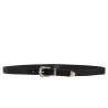 Black leather belt with engraved metal buckle and tip