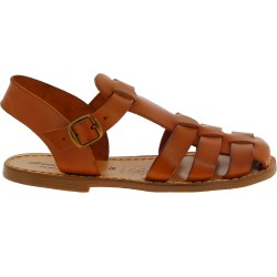 Tan flat sandals for women real leather Handmade in Italy