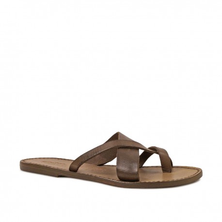 Women's leather thong sandals Handmade in Italy in mud cuir leather