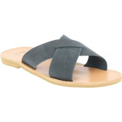 Men's slipper sandals with crossed bands in black nubuck leather