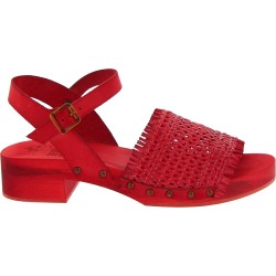 Sandali zoccoli legno rosso con fascia in pelle intrecciata artigianali