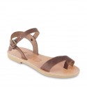 Child's thong sandals in dark brown nubuck leather with buckle closure