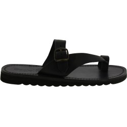Handmade thong slippers in black leather with buckle