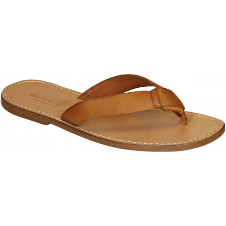 Handmade tan leather thongs for men with leather sole