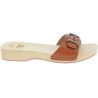 Handmade men's wooden clog sandals with adjustable tan leather band