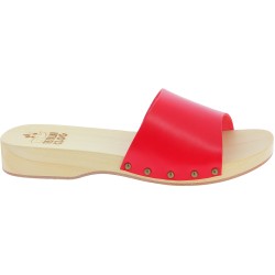 Handmade men's wooden clogs with large red leather band
