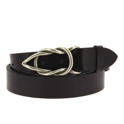 Women's black bull leather belt with casual metal buckle