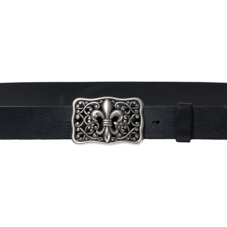 Cintura artigianale in cuoio nero con fibbia giglio fiorentino