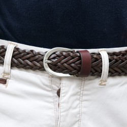 Cinturón tejido a mano en piel de curtido vegetal marrón oscuro