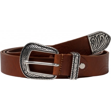 Tan leather western belt for women with metal buckle and tip