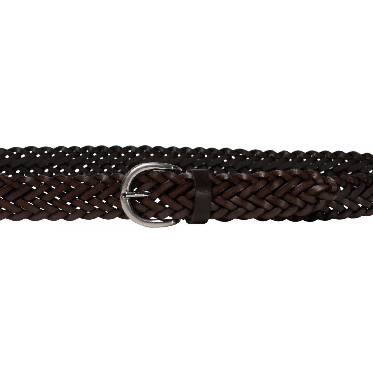 Hand woven women's belt in dark brown leather