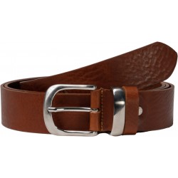 Handmade tan leather belt with metal buckle and loop