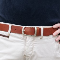 Handmade tan leather belt with metal buckle and loop