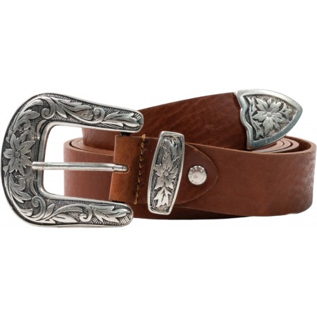 Brown leather western belt for women with metal buckle engraved