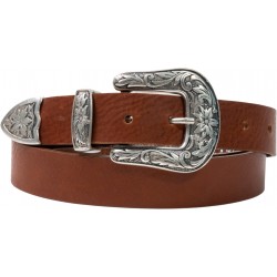 Brown leather western belt for women with metal buckle engraved