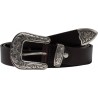 Dark brown leather western belt for women with metal buckle engraved