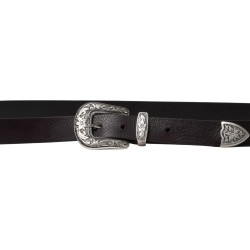Dark brown leather western belt for women with metal buckle engraved