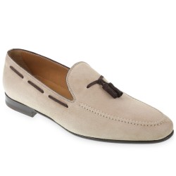 Tassels loafers in beige suede leather handmade by Fratelli Borgioli