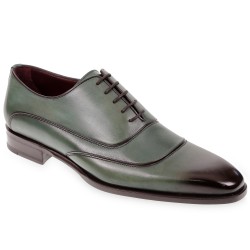 Chaussures richelieu pour hommes en cuir vert teint à la main par Fratelli Borgioli