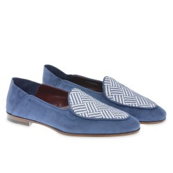 Handmade belgian loafer in light blue suede leather and woven fabric