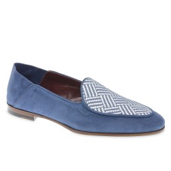 Handmade belgian loafer in light blue suede leather and woven fabric