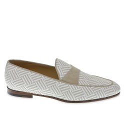 Penny loafer in white and beige suede and woven fabric