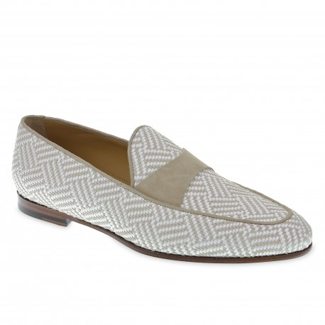 Penny loafer in white and beige suede and woven fabric