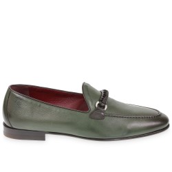 Green leather men's moccasin with braided loop