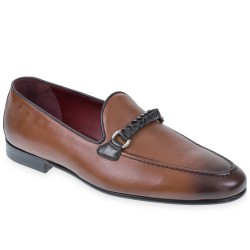 Men's loafers in brown leather with hand woven bit