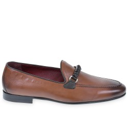 Men's loafers in brown leather with hand woven bit