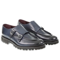 Double buckle moccasin in blue antiqued calfskin handmade by Fratelli Borgioli