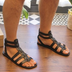 Sandalias romanas de cuero negro para hombres hechos a mano en Italia